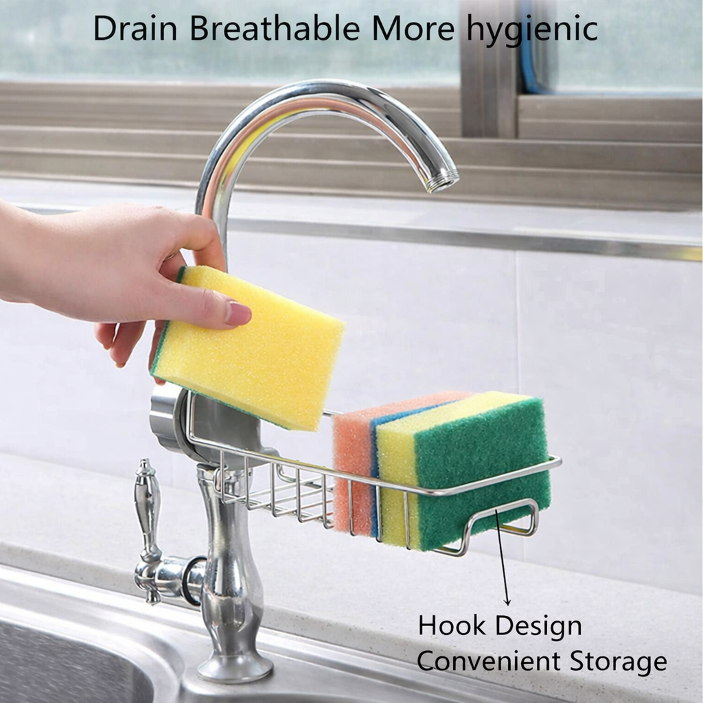 Stainless Steel Faucet Sink Caddy –  with free 10 piece scrubber