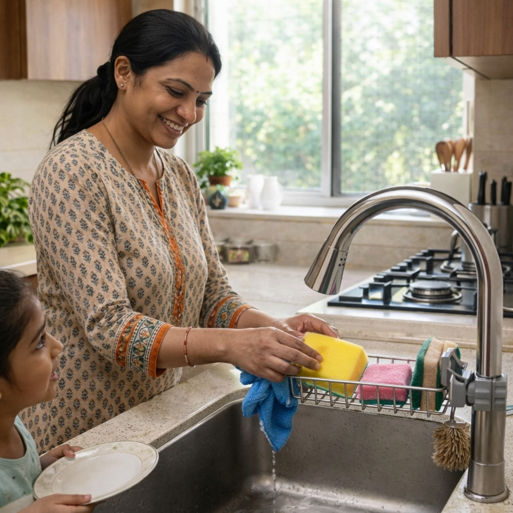 Stainless Steel Faucet Sink Caddy –  with free 10 piece scrubber