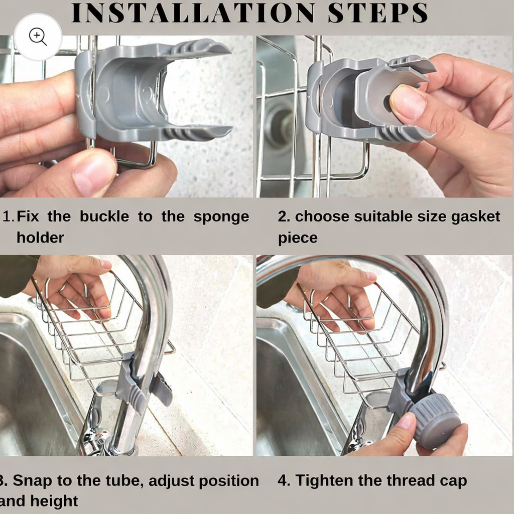 Stainless Steel Faucet Sink Caddy –  with free 10 piece scrubber