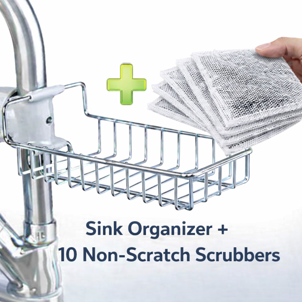 Stainless Steel Faucet Sink Caddy –  with free 10 piece scrubber